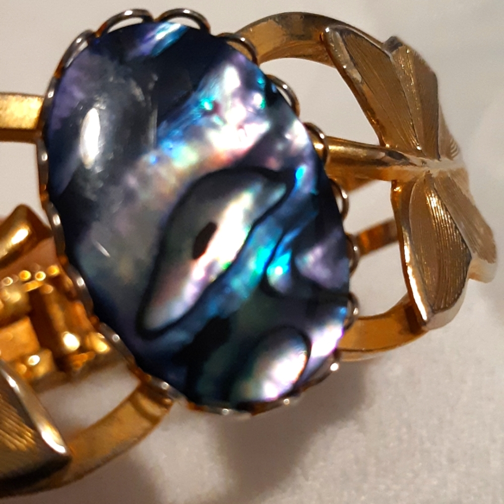 Vintage Gold Tone, Rainbow Abalone Bracelet With Leaf Pattern